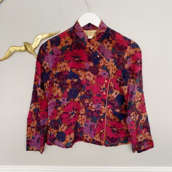 Vintage Mandarin Style Floral Print Blouse Pink Size Small - Picture 7 of 12